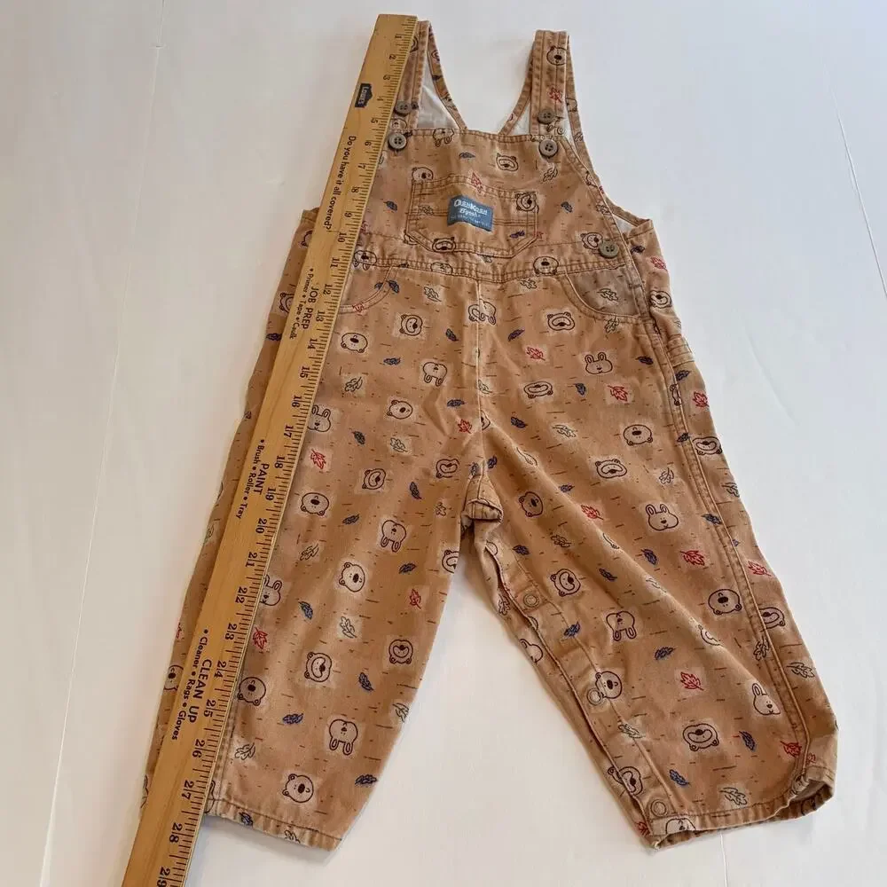 Vintage 2000s Oshkosh Overalls Woodland Forest Animals Leafs Tan Print 24 Months